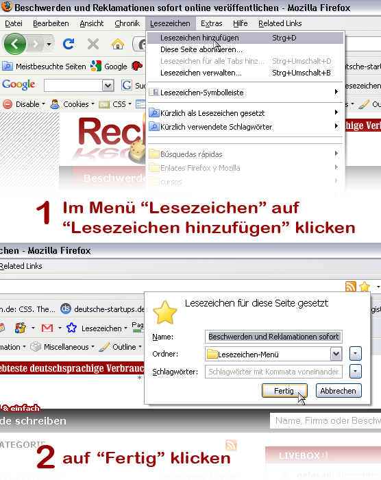 Firefox: Lesezeichen hinzufügen und mit Fertig speichern